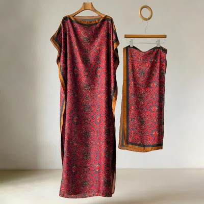 Light Luxury Chinese Style Floral Pattern Contrast Color Robe Ladies Lazy Loose Dress Headscarf Two-Piece Set Summer Beach