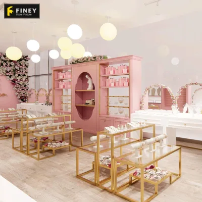 Pink Gold Jewelry Shop Display Furniture Custom Glass Metal Jewellery Retail Counter Floral Beauty Store Interior Fixtures