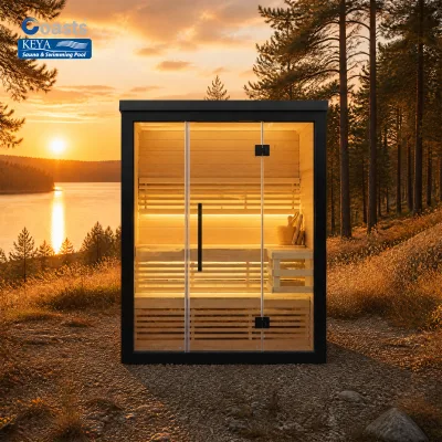 Mirror Lake Outdoor Sauna Hemlock Wood 8mm Tempered Glass Electric Heater for Lake House Cottage Garden Wellness Spa