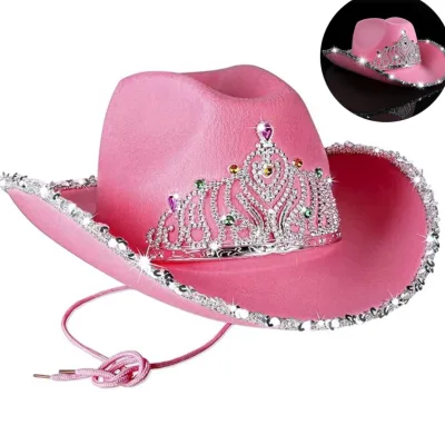 High Quality Rhinestone Western Distressed Light up Disco Led Costume Glow pink Felt Party Cowboy Cowgirl Hat for Women