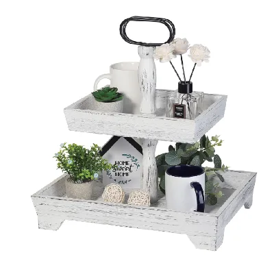 Rustic White Farmhouse Durable 2-Tiered Wooden Serving Tray Metal Handle Handmade Eco-Friendly Painted Customized Pattern