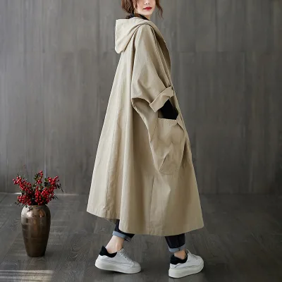 2026 Spring New Arrival Artistic Loose-Fit Plus-Size Over-the-Knee Solid Color Windbreaker Large Pockets Womens Hooded Coat