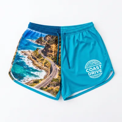 Summer Sun Coast Wear Sublimation Print Patterns Screen Printed Brand logo Drawstring Elastic Waistband Mesh Footy Shorts Men