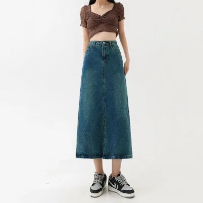 Women Denim skirt 4 panels denim skirt front slit denim skirt long A-line
