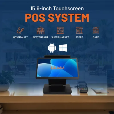 15.6" Dual-Screen Foldable POS System with Waterproof PCAP Touchscreen & NFC Reader for Retail and Restaurants