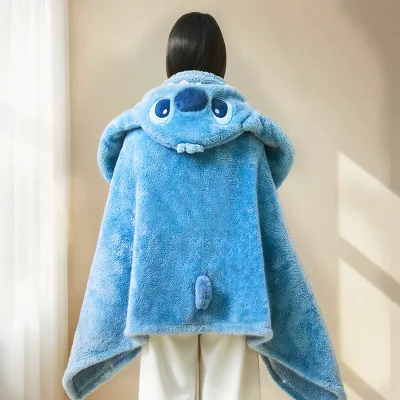 3D Cartoon Animal Hooded Double Fleece Cape, Snap Button Foldable Shawl, Warm Wearable Blanket Gift for Women & Kids