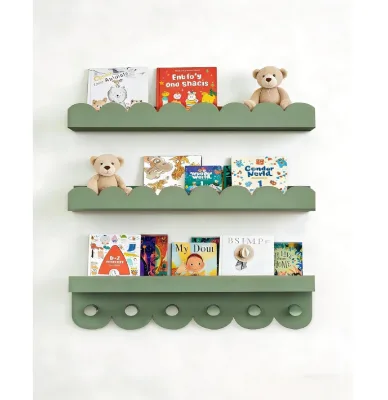 High Quality Creative Handmade Wall Mount Scalloped Kids Bookshelf for Wall Nursery Book Shelves with Hooks