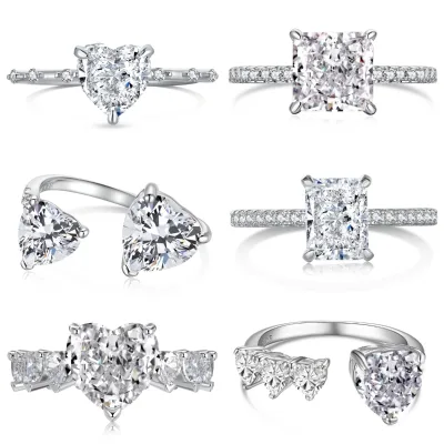 Wholesale New Fashionable S925 Silver Cubic Zircon Iced Out Ring for Women Luxury Double Hearts Rhodium Plating for Weddings