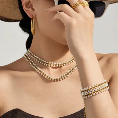 Luxury Shell Pearl Toggle Necklace for Women French Vintage 18k Gold Plated 316L Stainless Steel Pearl Bracelet Jewelry Set Gift