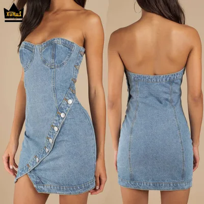 Wholesale Custom Logo Fashion Elegant Sexy Off Shoulder Women Jean Bodycon Casual Jeans Dresses Women