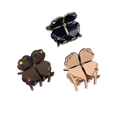 Luxury French Pure Color Acetate Medium-sized Four-leaf Clover Rhinestone Hair Claw Clip Half-braided Hairpin for Girl