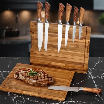 Wood Magnetic Knife Block Set with Multi-Functional Kitchen Built-in Cutting Board Storage Knife Holder for Home Restaurant