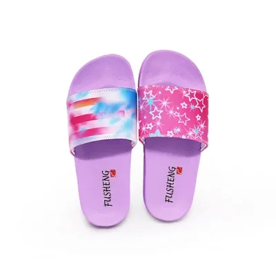 FUSHENG OEM Heat Transfer Printed PU Leather Sandals Soft Flexible EVA Sole Breathable Lightweight Anti-Odor Slippers