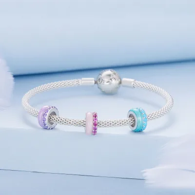 925 Sterling Silver Blue Pink Purple Silica Spacer Bead Charms With Shiny Zircon Fit Diy Bracelet Necklace