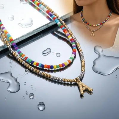 Yiwu Aceon Stainless Steel Summer Candy Color Rice Bead 4MM Metal Gold Silver Bead Double Layers Casting Puffy Letter Necklace