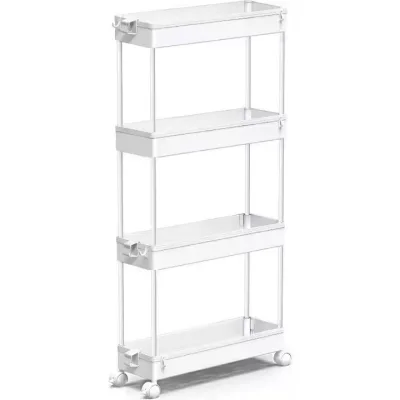 White Four-Layer Movable Trolley Storage Rack Crack Narrow Floor-to-Ceiling Kitchen Bathroom Storage Rack Standing Type