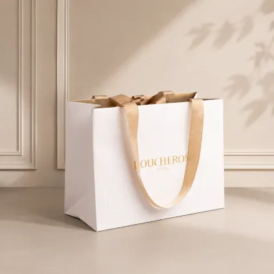 Recycled Luxury Cream Beige Kraft Paper Shopping Bag with Your Own Logo Ribbon Handle Bow for Gift Packaging Custom Printing