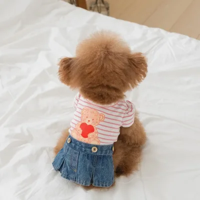 OEM/ODM Puppy Clothing: Spring/Summer Knitted Bear T-shirt and Denim Skirt Two-Piece Set Dog Dress