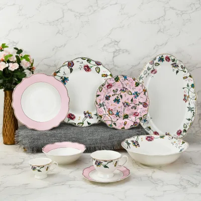 Custom Flower Printed Dinnerware Set Hot Sale Nordic Color Glaze Marble Gold Rim Dishes Plate Sets Crockery Tableware Porcelain