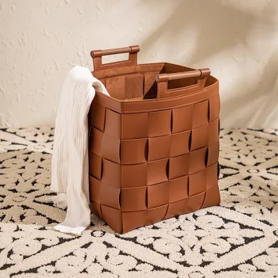 Household Round Leather Laundry Hamper High-Value Light-Luxury Storage Bin Handles Large Capacity Walk-In Closet B&B Aesthetic