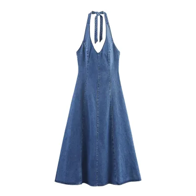 Summer New Bow-Decorated Sexy Backless V-Neck Halter Neck A-Line Midi Skirt Denim Dress Blue Color Hollow Out Casual Fashion