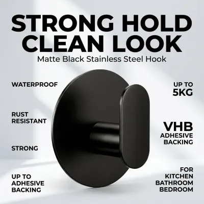 Strong Adhesive Wall Hook 5KG Heavy Duty Matte Black Stainless Steel VHB Adhesive Pad  for Kitchen Bathroom Glass Doors 4-Pack