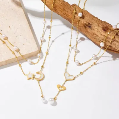 14k Gold Plated Stainless Steel Double Layer Chain Necklace With Heart Pearl Tassel Details Star Moon Dainty Overlay Necklace