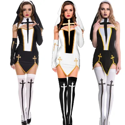 Women's Sexy Nun Cosplay Costume Adulto Purim Carnival Halloween Fantasia Fancy Dress up