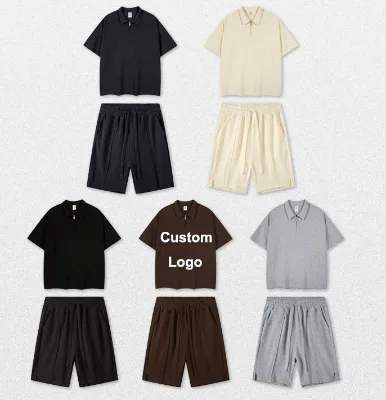 Custom Logo Zipper Outdoor Casual Tracksuits Men 2 Piece Suits Short Sleeve Waffle T Shirt Jogger Shorts Running Men Shorts Set