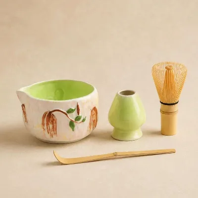 Modern Simple Hand-painted Cherry Spout Matcha Bowl Set 100 Pieces Stand Tea Whisk Full Set Tea Making Tools Ceramic