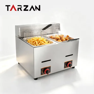 Commercial 6L+6L Gas Deep Fryer 2 Tank 2 Basket Stainless Steel Countertop Gas Fryer for Potato Chips Chicken Frying