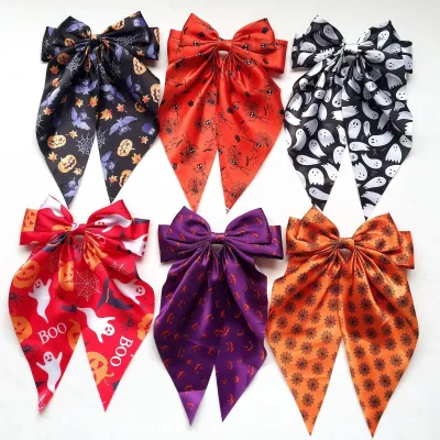 Halloween Ghost Spider Web Ribbon Spring Clip Pumpkin Hair Clip Fabric Print Party Hair Clip
