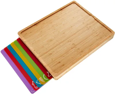 Easy-to-Clean Bamboo Wood Cutting Board with Set of 6 Color-Coded  Cutting Mats with Food Icons - Chopping Board Set