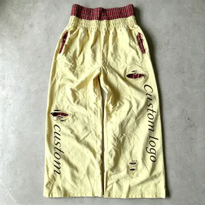 Men's High Elastic Waist Heavyweight 100%Cotton French Terry 500GSM Pant Custom Double-layer Vintage Distressed Baggy Sweatpants