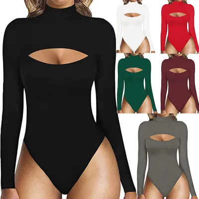 Women Mock Neck Front Cut Out Bodysuit Long Sleeve Solid Stretch Ribbed Body Shaper Fitting Casual Basic Tight Tops