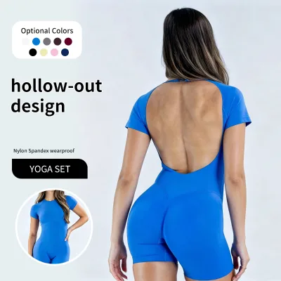 Backless Yoga Dress One-piece Set Short-Sleeved Cinched Waist Peach-Buttock Yoga Shorts Slimming and Fitness Wear