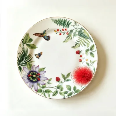 Botanical Hummingbird Floral Bone China Plate Gold Rim Tropical Fruit Porcelain Dinner Plate for Home Party Table Setting
