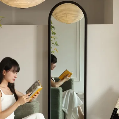 Modern Retro Solid Wood Floor Magazine Storage Cabinet With Full-Length Mirror Rotation for Living Room or Bedroom