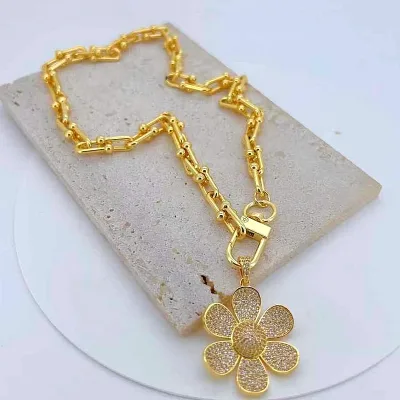 CH-LAN0819 Gold Plated CZ Micro Paved Big Flower Necklace Plating Link Necklace with Pearl Bead Artificial Jewelry Wholesale