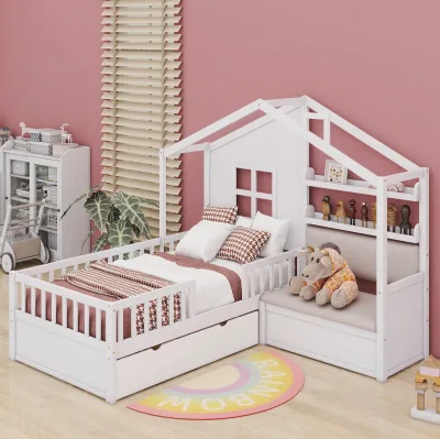 Twin Size House Bed with Sofa and Drawers Unique Design and Practical Kids Bed for Bedroom