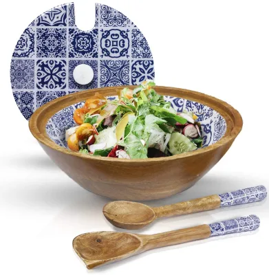Decorative Moroccan Blue Wooden Salad Bowl Set with Lid Premium Wood Bowls with Tongs Set for Salads, Cereal, Popcorn & Fruit