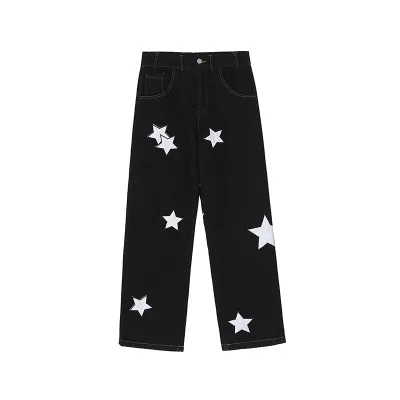 Five Stars Black Spliced Men Boy Student Pants Vibe Straight Vintage Solid Casual Denim Custom Washed Jeans