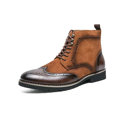 Pointed Men's Leather Boots Carved High Top Large Size Men's Ankle Boots Business British Casual Leather Boots