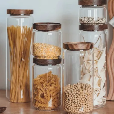 Factory Outlet Wholesale High Quality Stackable Airtight Kitchen Food Storage Glass Jar/glass Storage Jar with Wood Lid