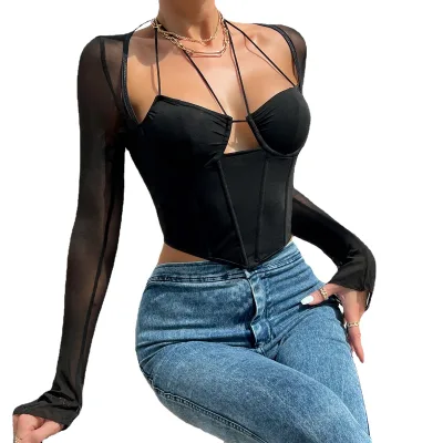 JENGS Hot Selling Perspective Hot Girl Tie Long Sleeve T-shirt Steel Ring Fish Bone Corset De Mujer Corset Top Sexy