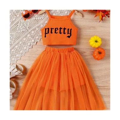 European American Style  Girls' Clothing Printed Camisole Mesh Skirt Suit Worested Fabric Summer Season