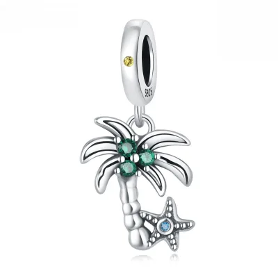 Hot Sale Wholesale Original S925 Silver Coconut Tree and Starfish Zircon Bracelet Charm DIY Pendant Beaded Jewelry Accessories