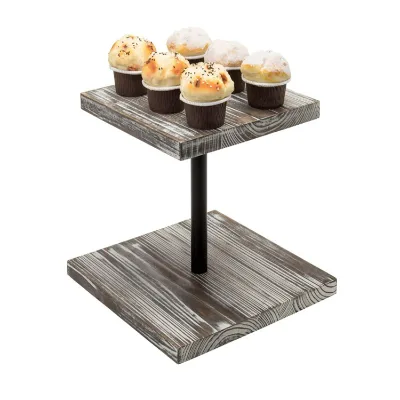 2 Tier square Torched Wood Black Metal Pipe Mini Cake Display Tower Dessert Pedestal Riser Stand Cake Display Stand