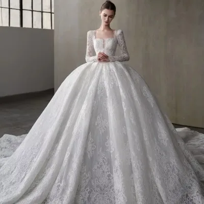 Hight-end French Lace with Long Sleeves Ball Gown Wedding Dress Elegant and Luxurious