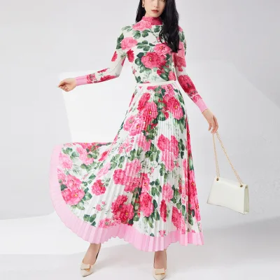 Fashion Pleated Skirt Suit for Women Rose Print Long-sleeved T-shirt + Long Skirt 2-piece Set Printed on Demand Women's Clothing